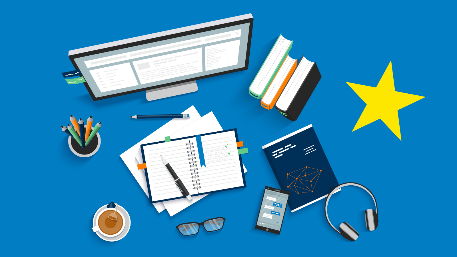 Top view of a workspace with a computer monitor, books, notepad, pens, coffee cup, glasses, headphones, smartphone, and a yellow star on a blue background.