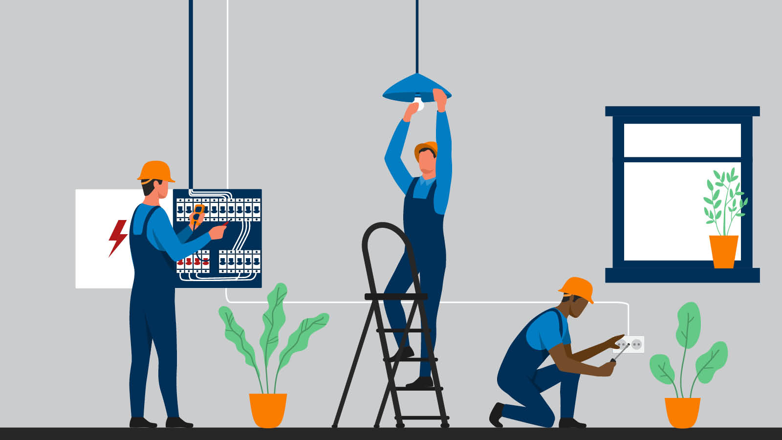 Three electricians wearing helmets work indoors: one checks an electrical panel, another stands on a ladder fixing a ceiling light, and the third kneels to install an outlet; potted plants and a window are nearby.