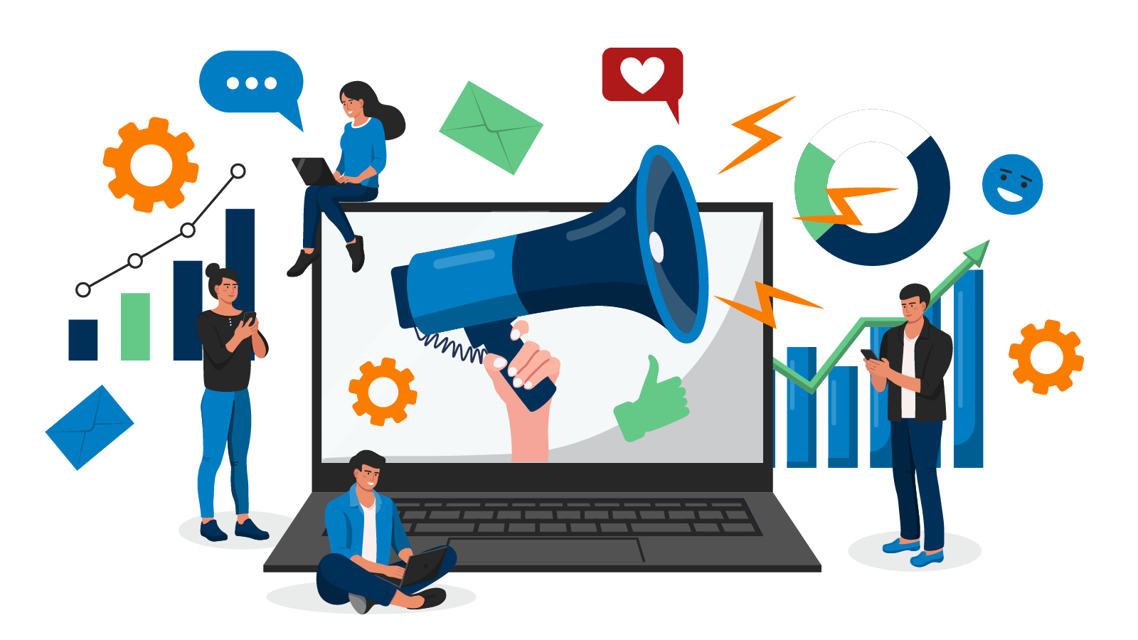 Illustration of people with laptops and smartphones around a large laptop screen displaying a megaphone, graphs, social icons, and digital messages, highlighting the importance of marketing in online communication.