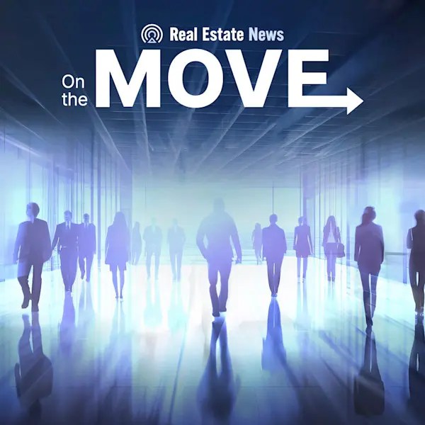 Silhouettes of people walking in a modern, bright hallway with reflections on the floor. Text above reads Real Estate News On the MOVE with an arrow pointing right.