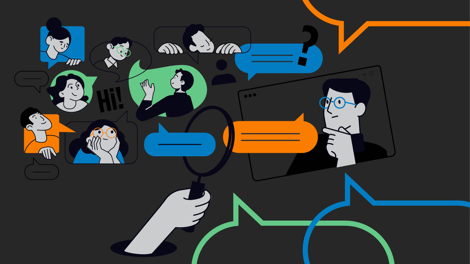 Illustration of colorful speech bubbles and stylized characters communicating, with a magnifying glass highlighting messages on a dark background.