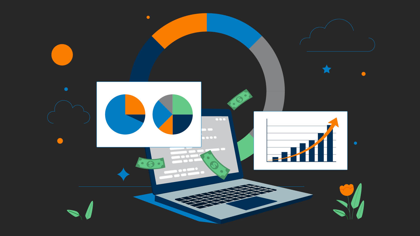 Computer, charts, and graph on black background. Why entrepreneurs should explore a diversified business portfolio.