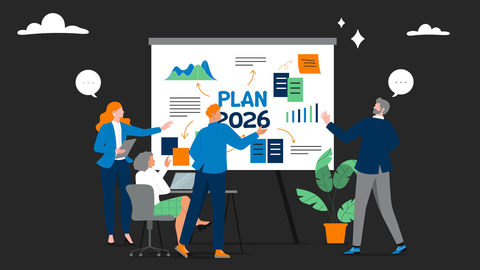 Business professionals looking at a chart for Plan 2026 - Strategies for Setting Annual Goals that actually stick