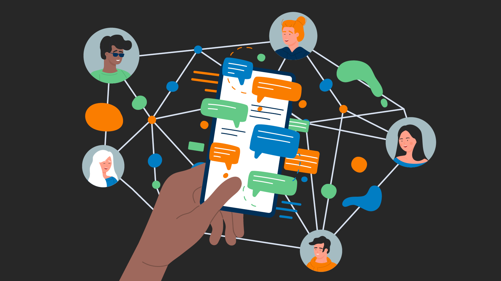 Illustration of hand holding a smartphone with colorful chat bubbles connected by lines to diverse people representing digital communication and social networking