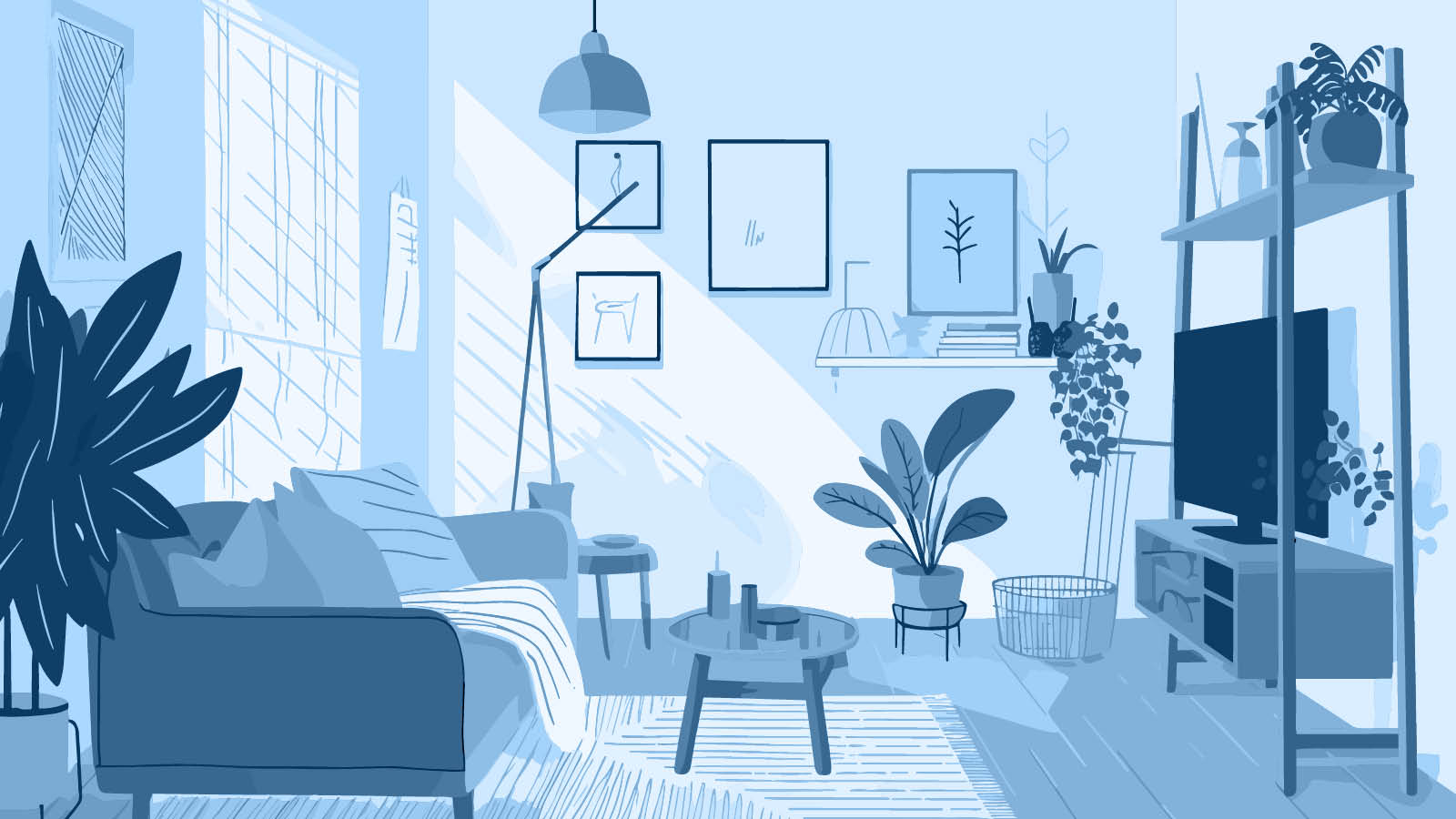 Living room with couch, table, plants and tv stand along with large window allowing light to come in.