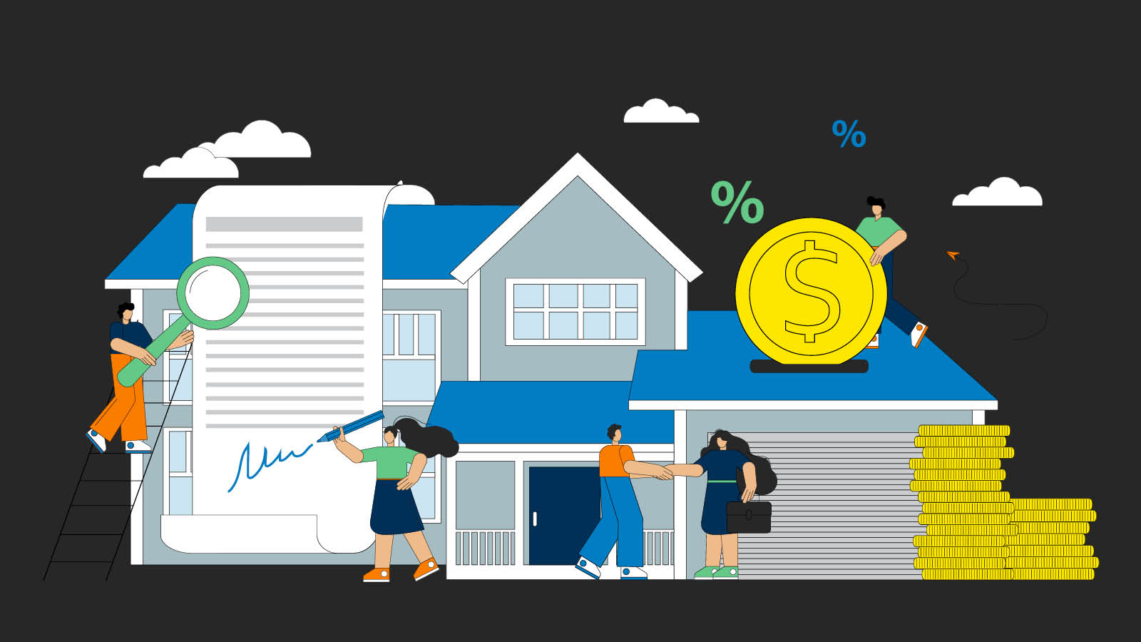 Illustration of a house with people examining a large mortgage document, a magnifying glass, and a large coin symbolizing refinancing costs and interest rates.