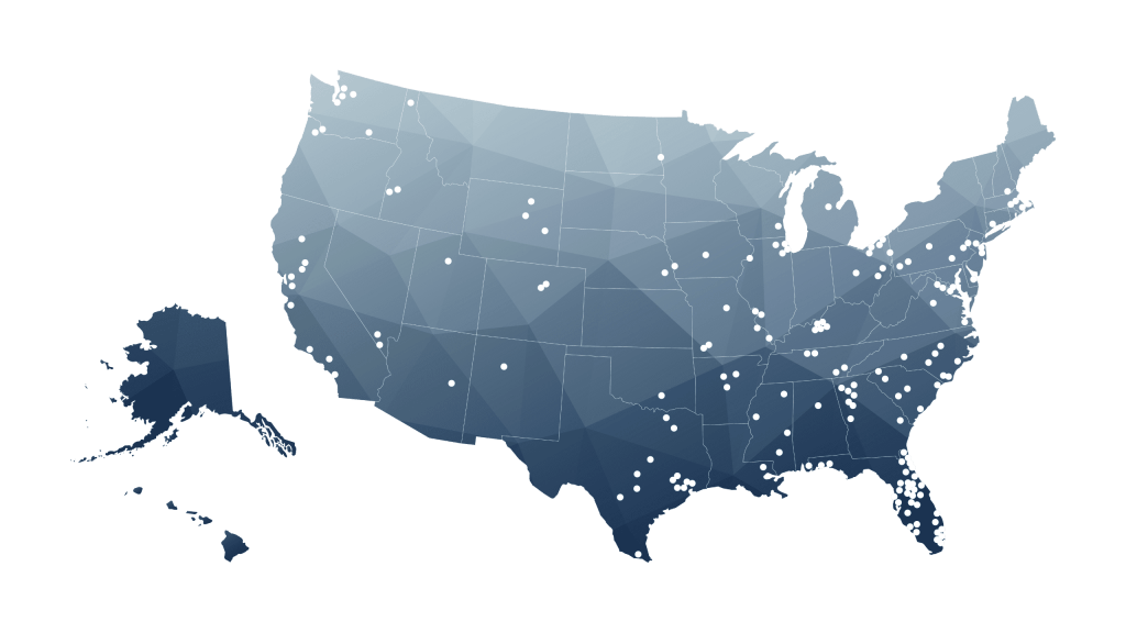 0526-0267-M-MRKT-Map A map of the United States, including Alaska, displays numerous white dots scattered across the states, indicating specific locations or data points throughout the country.